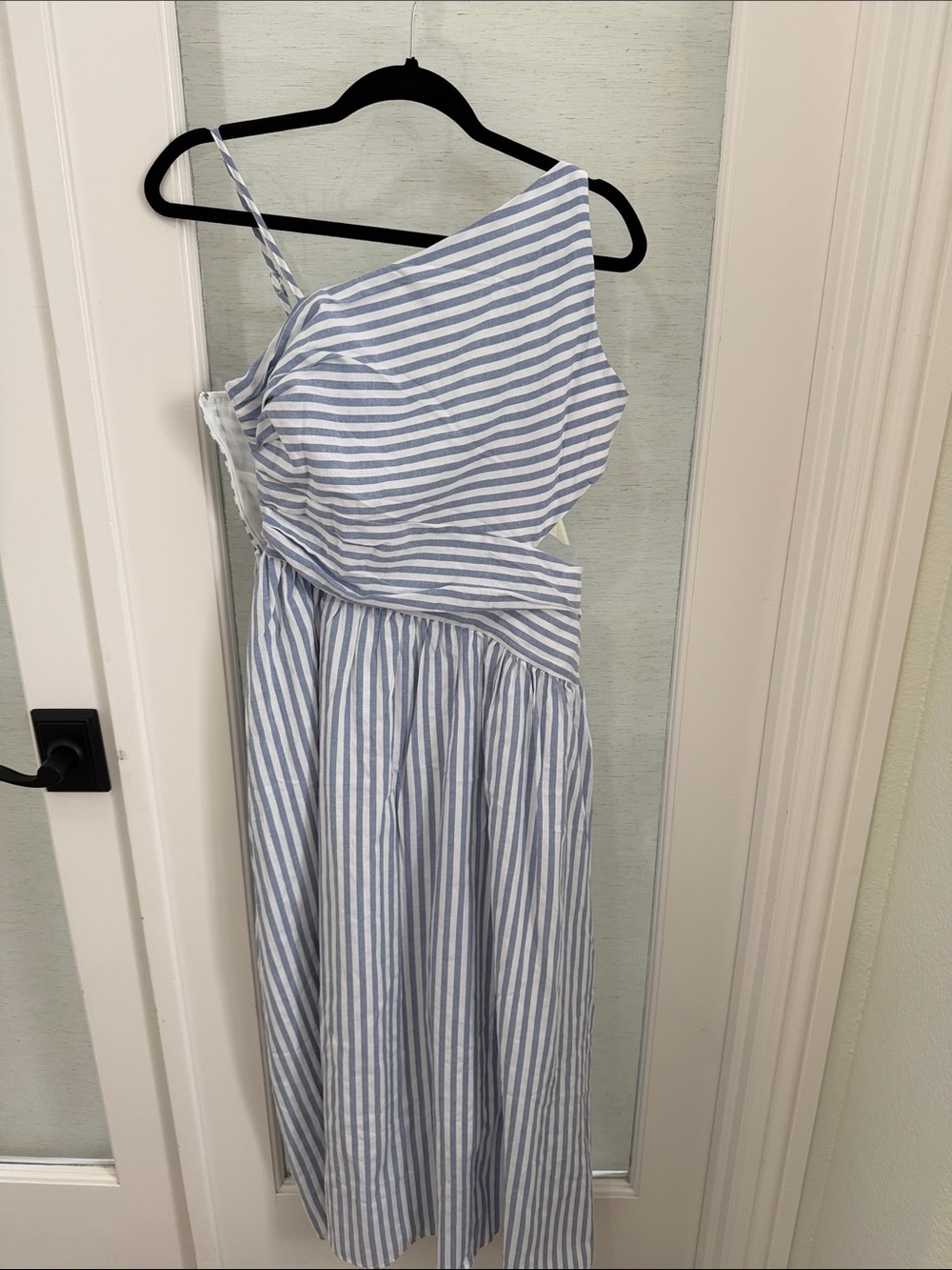 Commense Blue and White Striped One-Shoulder Midi Dress